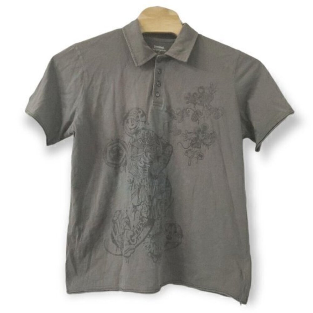 Disney‎ Parks Men's Large Gray Mickey Mouse Short Sleeve Polo Shirt Graffiti